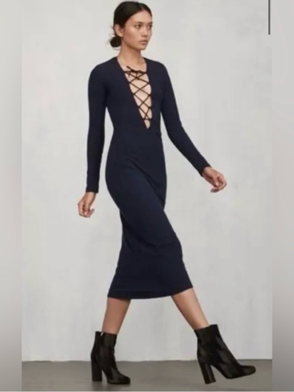 Reformation Edison Long Sleeve Lace-Up Midi Dress in Navy